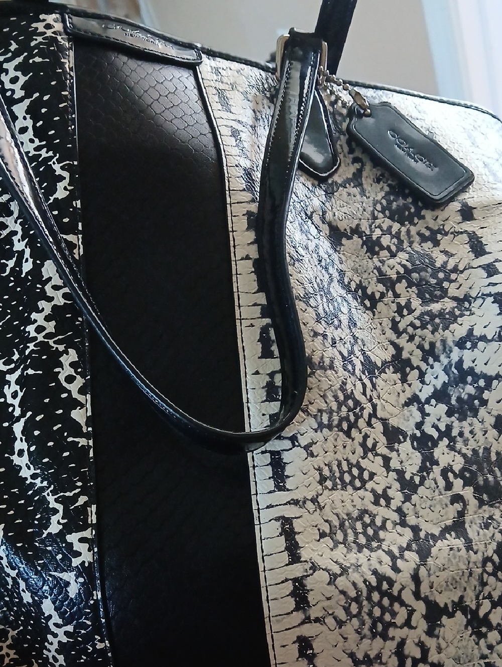 Coach Black and White Snake-Print Tote with Gloss Trim